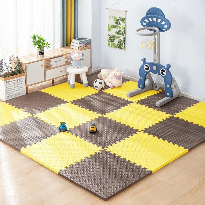 Tapis d'éveil Montessori à carreaux - jaune et marron